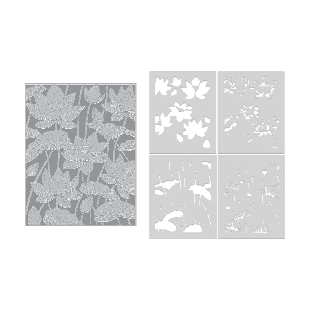Set of lotus field and nature-themed stencils on a white background