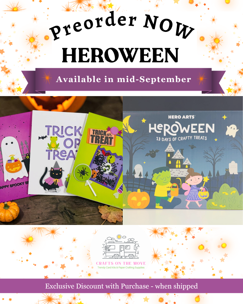 Promotional graphic for a Halloween craft book set titled 'Trick or Treat Heroween' by Hero Arts. The image shows three colorful book covers fanned out on a wooden surface with pumpkins and autumn leaves, with large text reading 'Preorder NOW HEROWEEN' and additional offer text at the bottom.