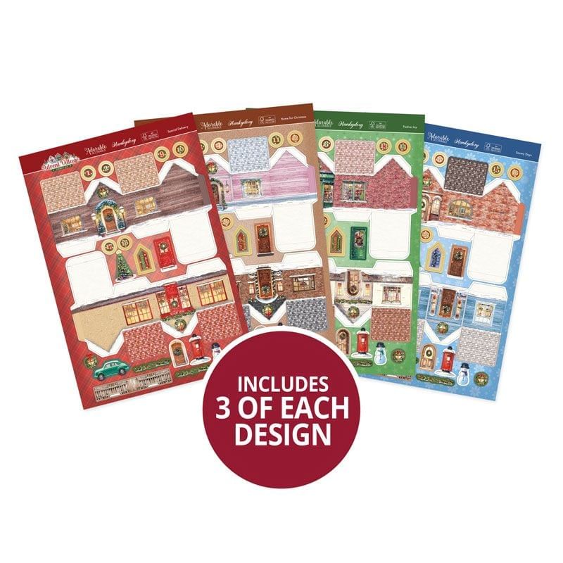 Four gingerbread  cardstock house decorating sheets with different designs on a white background.