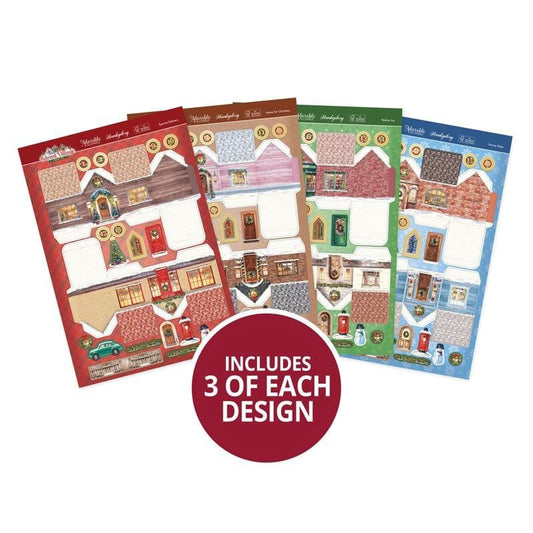Four gingerbread  cardstock house decorating sheets with different designs on a white background.