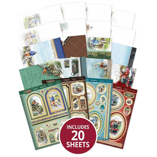 Collection of scrapbooking paper sheets with vintage-themed designs on a white background.