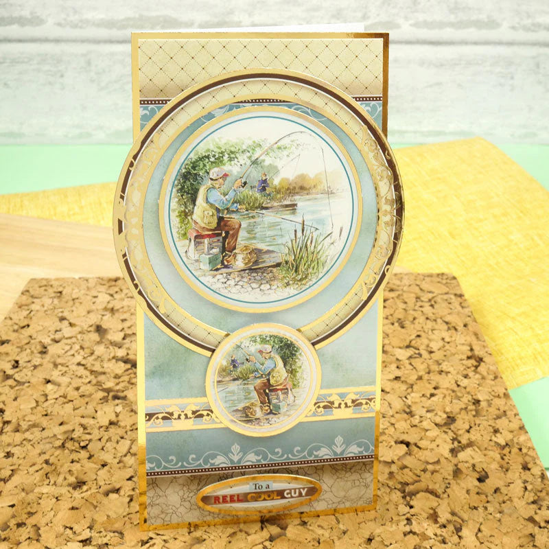 Decorative card with vintage-style illustration of a man by a lake on a textured surface.