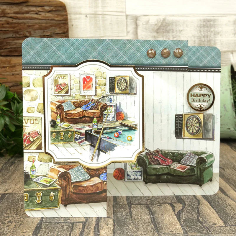 Greeting card with a room illustration featuring furniture and decor elements.
