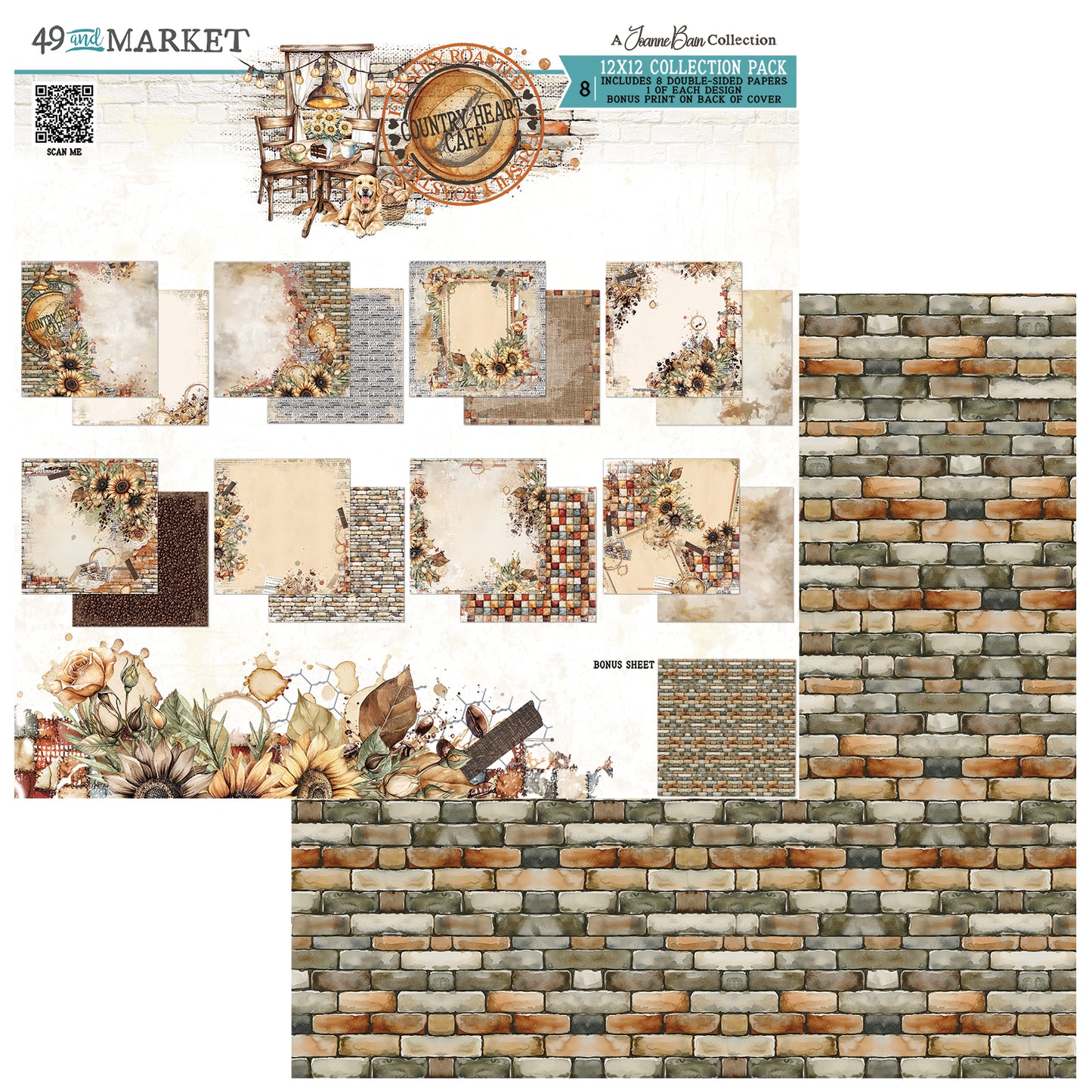 Collage of rustic-themed paper designs  of sunflowers, coffee and brick patterns with '49 and Market' branding.