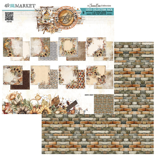 Collage of rustic-themed paper designs  of sunflowers, coffee and brick patterns with '49 and Market' branding.