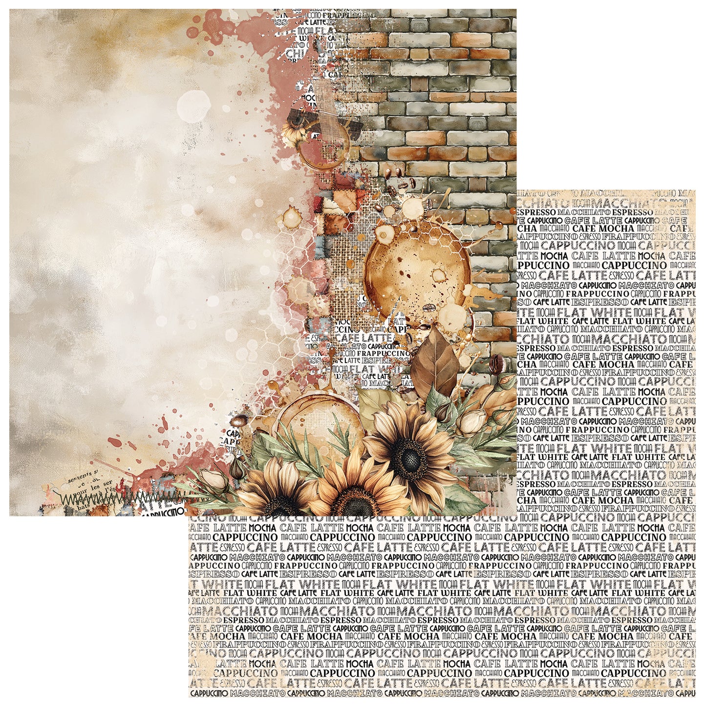 A square decorative scrapbook paper or art print featuring a collage design with a brick wall, sunflowers, paint splatters, and repeated cafe text in beige, brown, and muted red tones.