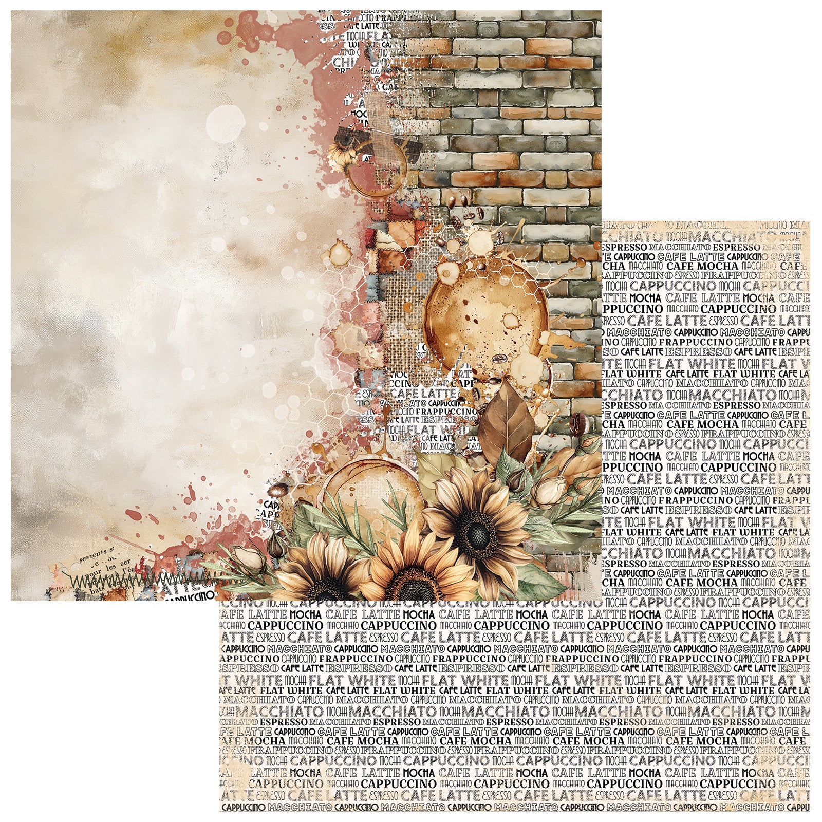 A square decorative scrapbook paper or art print featuring a collage design with a brick wall, sunflowers, paint splatters, and repeated cafe text in beige, brown, and muted red tones.