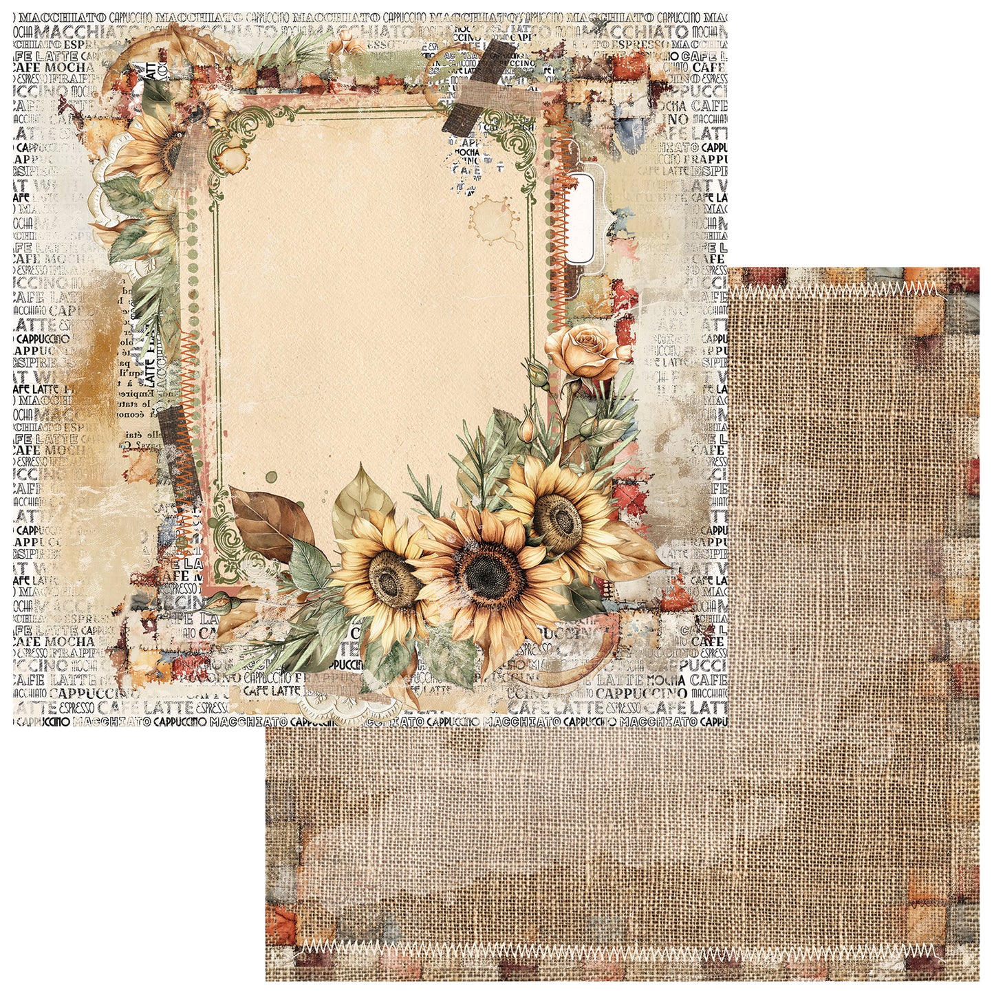 A scrapbook paper sheet with a vintage sunflower and scrapbook border design, shown alongside a second plain burlap-textured sheet on a white background.
