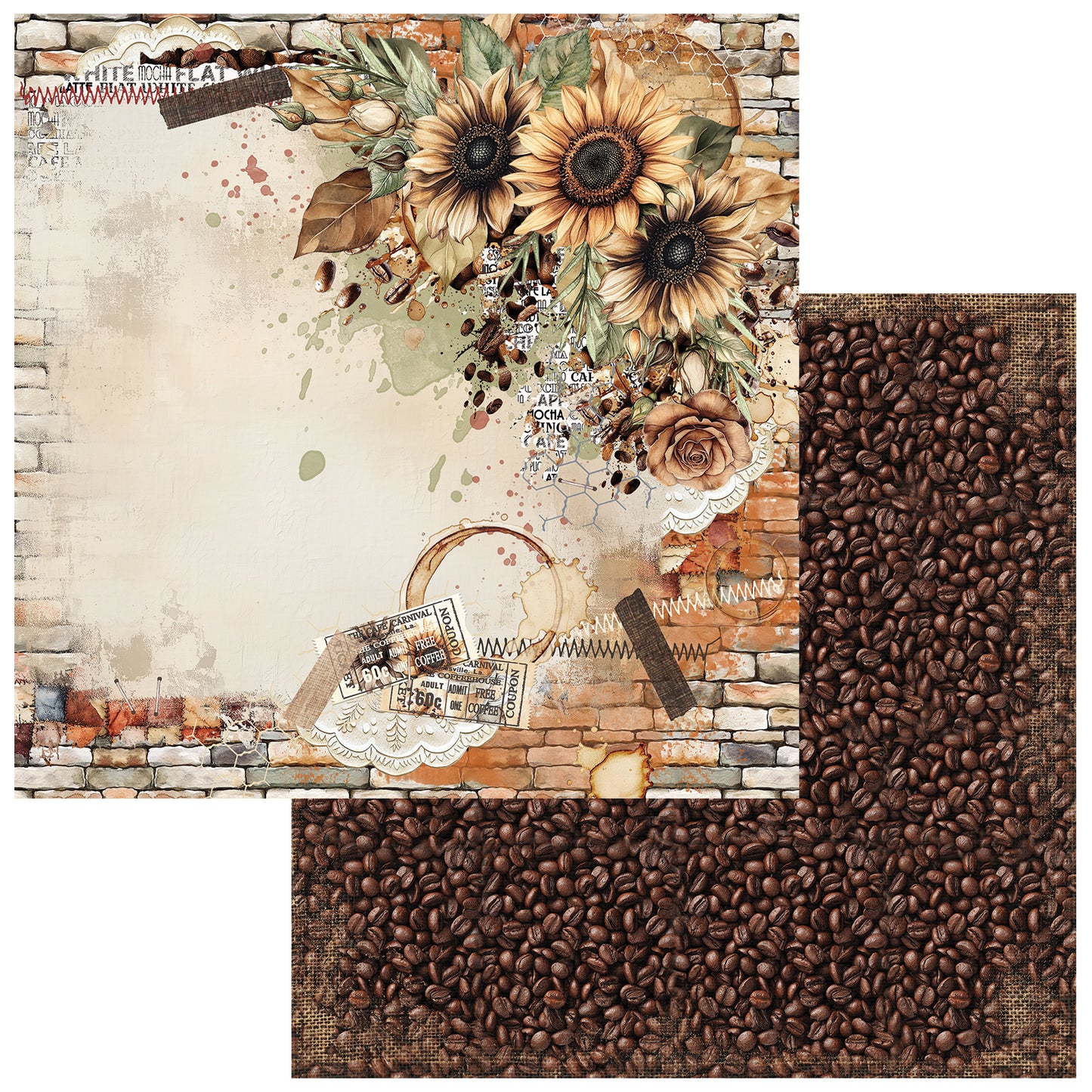 A scrapbook paper or craft pattern sheet shown in two overlapping views: one full design view featuring sunflowers, leaves, lace, coffee beans, stamps, and a rustic brick-and-stone background, and one close-up view showing a dense field of dark brown coffee beans on burlap.
