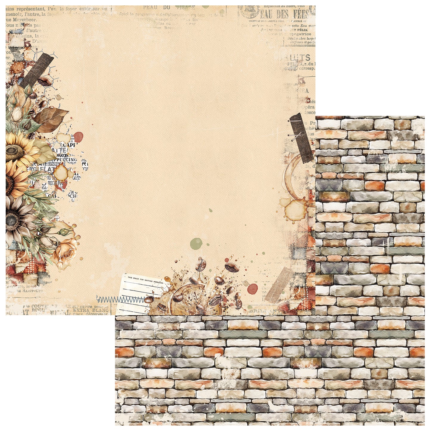 A square decorative paper or scrapbook sheet design with a cream background, floral and newspaper collage elements along the left side, and a faux stone brick pattern along the right edge.