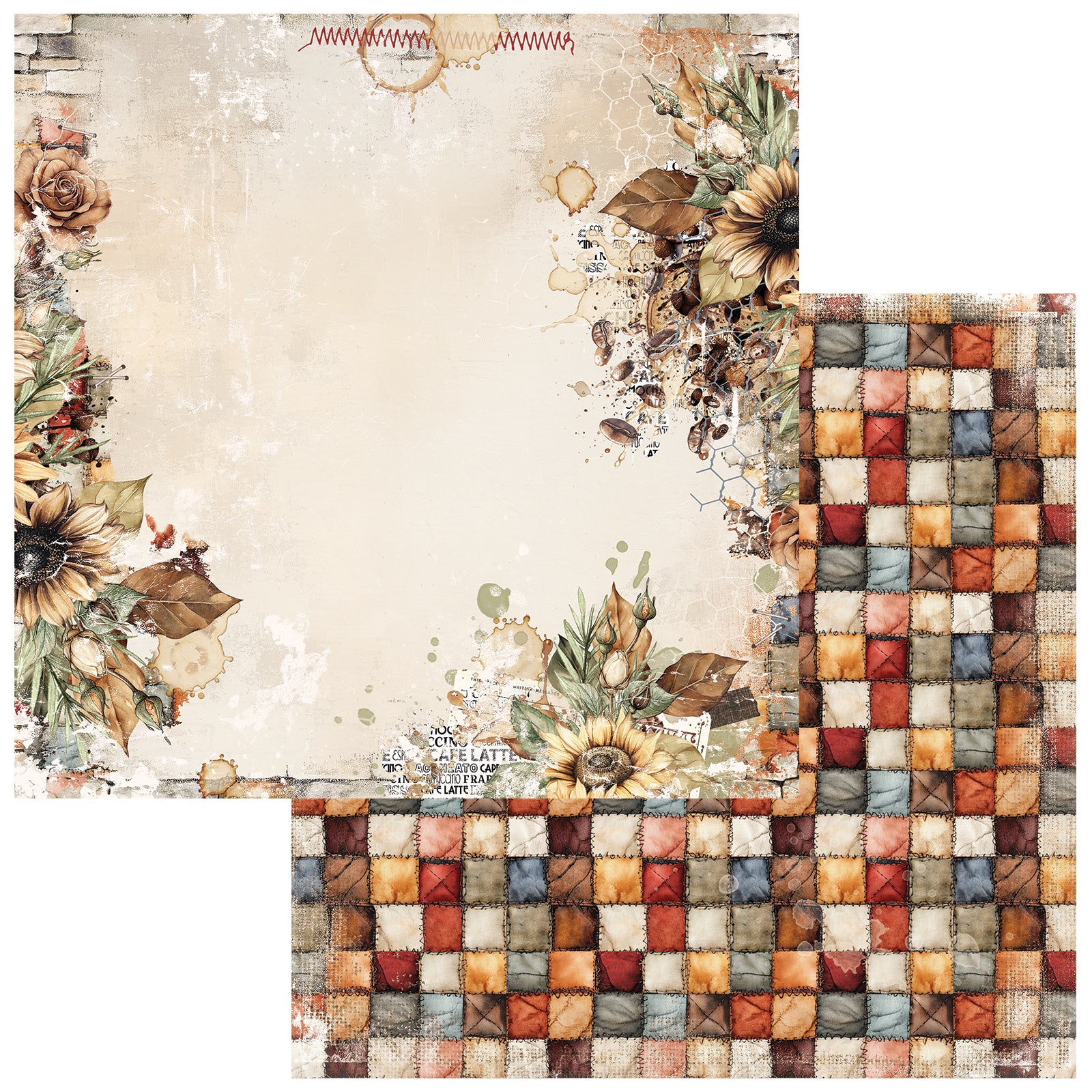 Two decorative paper sheets with a vintage autumn-themed design. One sheet features a distressed cream background with watercolor sunflowers, leaves, and rustic text elements in the corners, while the other shows a multicolor patchwork quilt pattern in the bottom right corner.