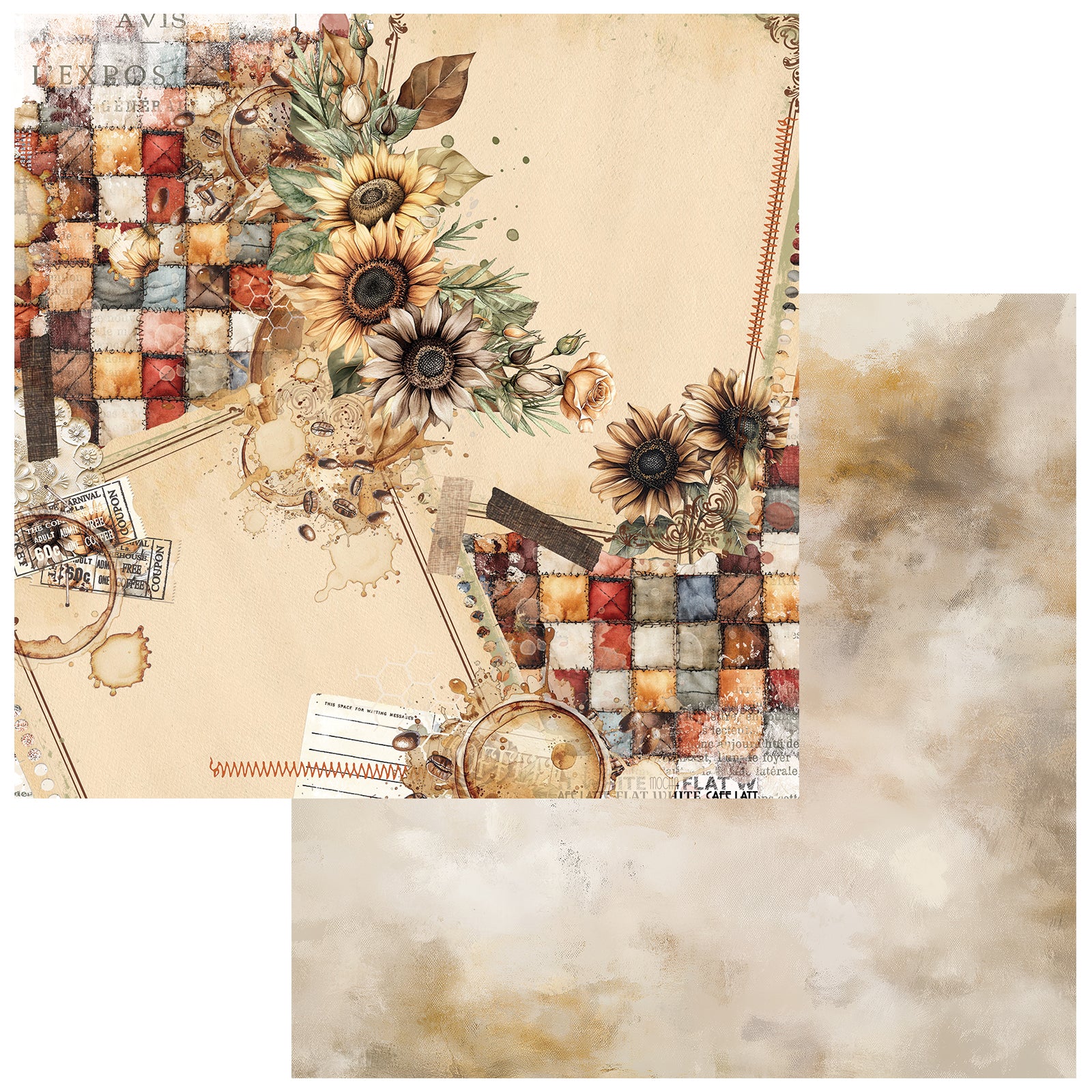 A square scrapbook paper or craft backdrop sheet with a vintage collage design featuring sunflowers, postage stamps, ribbons, and a checkered pattern, shown alongside a second backing sheet with a mottled beige and brown watercolor texture.