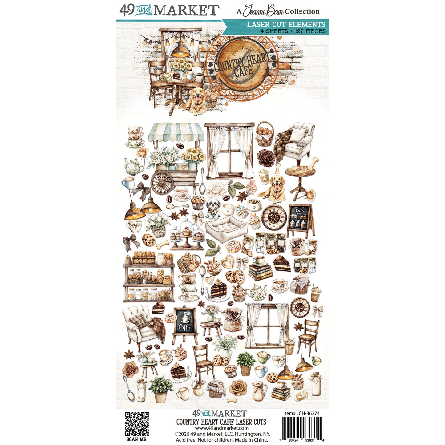A 49 & Market Collection laser cut sheet featuring various rustic country-themed illustrations, including a cafe scene, chairs, tables, baskets, and small decorative elements, shown on a white background.