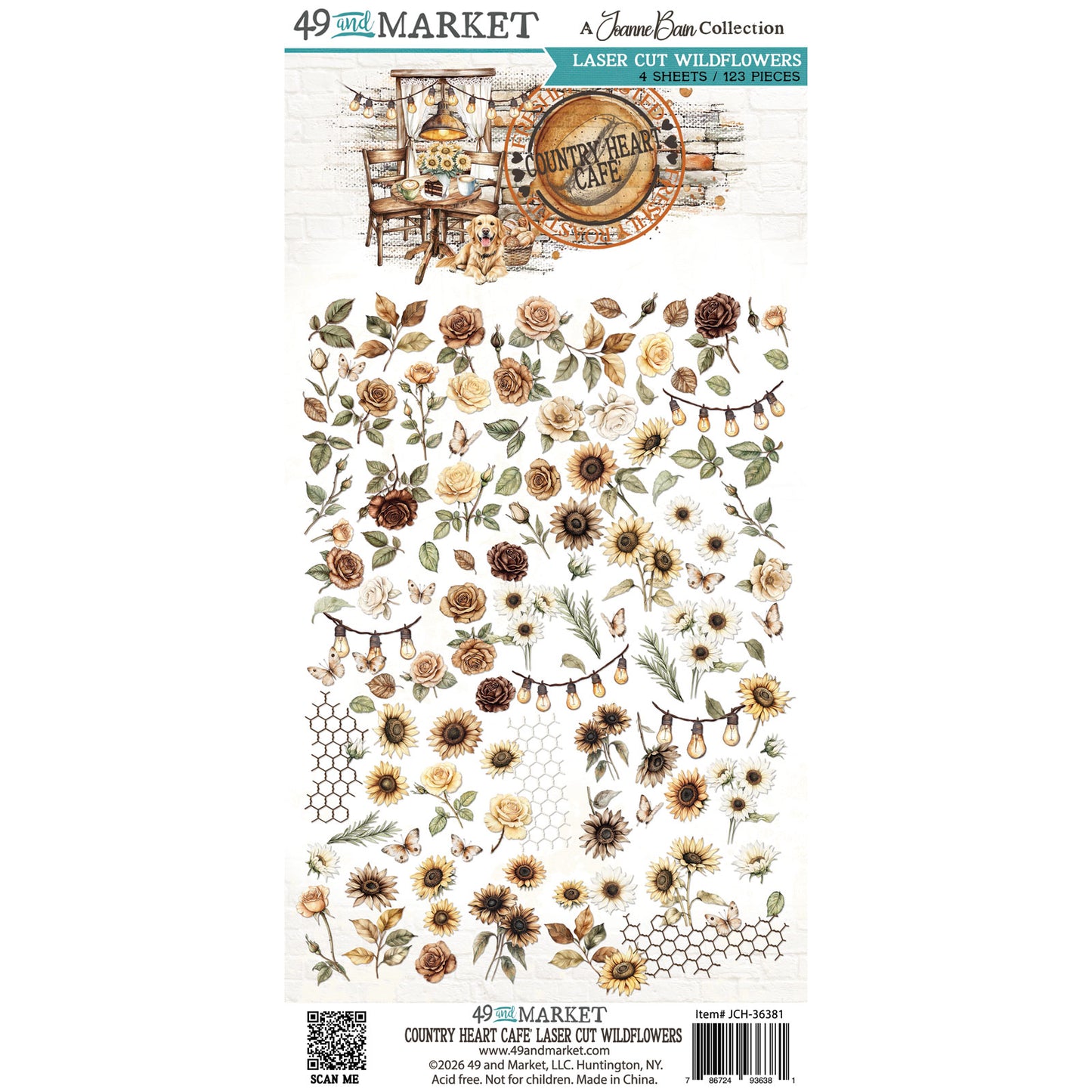 A vertical sheet of laser-cut wildflowers from the Jane Eyre Collection by 49 and Marker, featuring illustrated flowers, leaves, honeycomb patterns, and decorative text on a white background.