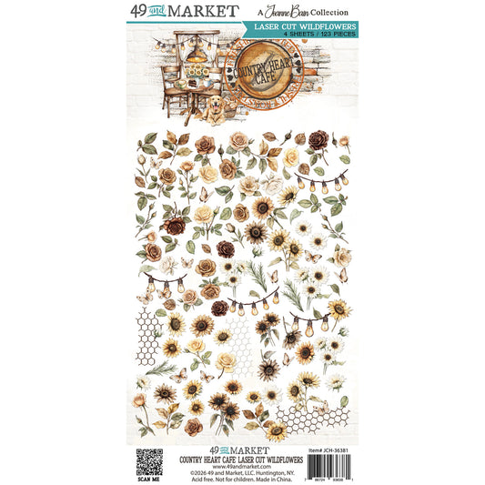 A vertical sheet of laser-cut wildflowers from the Jane Eyre Collection by 49 and Marker, featuring illustrated flowers, leaves, honeycomb patterns, and decorative text on a white background.