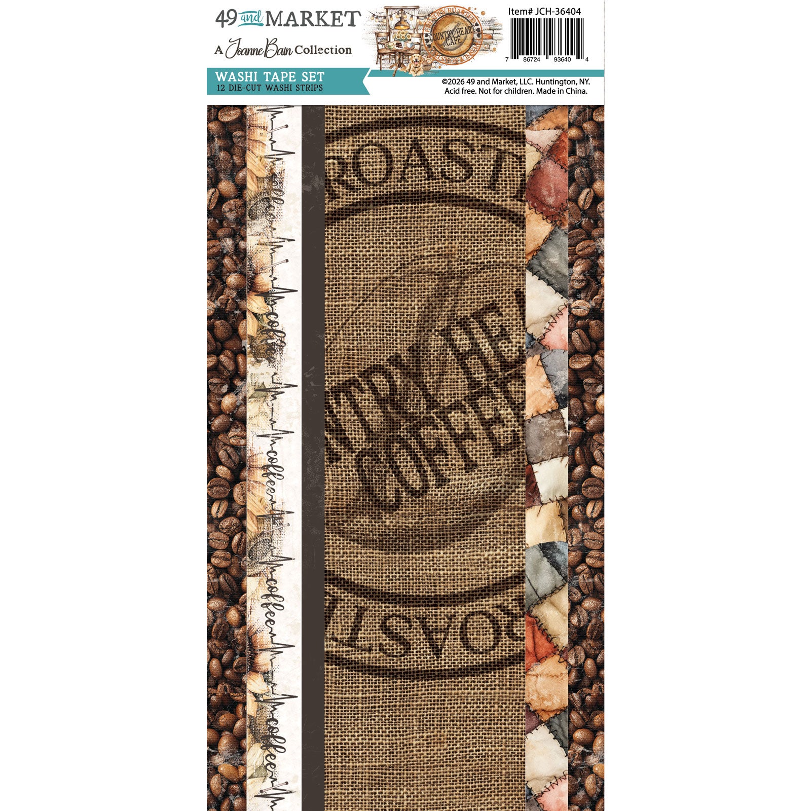 A packaged washi tape set from Jane Bains Collection by 49 and Market, featuring a coffee roaster theme. The set includes a central burlap-style tape with 'ROAST BEFF COFFEE' text, surrounded by borders of coffee beans, handwritten script, and rustic stone textures.