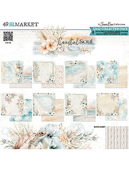 Coastal Soul 12-piece scrapbook paper collection pack by Paper Dreams Cottage, featuring a variety of textured papers in soft pastel shades of blue, beige, and white with floral and nautical designs.