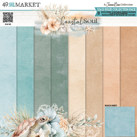 Collection of 12x12 solid paper sheets with coastal theme, featuring textures and decorative elements.