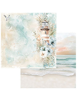 A beach-themed decorative print or card featuring a lighthouse, flowers, ocean waves, and a pale sky, shown with a smaller inset view of the shoreline and sea.