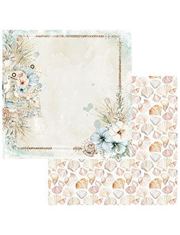 Two decorative paper sheets with a vintage floral border design and a seashell pattern, shown on a plain white background.