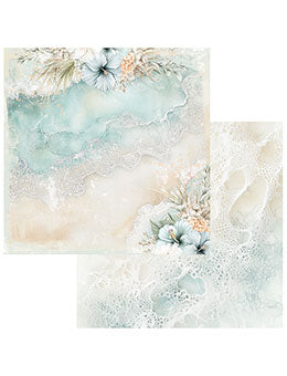 Two decorative papers or cardstock sheets with a soft abstract floral design in pale aqua, cream, beige, and white lace-like texture.