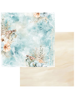 Two square sheets of patterned paper shown overlapping on a white background. The top sheet has a light aqua and white marbled floral design with soft peach flowers and pale botanical accents.