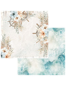 Two square decorative paper napkins or placemats shown on a white background. The larger napkin features a cream lace-like pattern with floral accents in peach, blue, and beige, along with nautical elements.