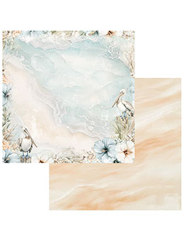 Two decorative paper sheets with a watercolor-style design. The top sheet features a pale blue and cream marbled pattern with delicate floral and bird illustrations along the border, while the bottom sheet shows a soft peach and beige marbled design.