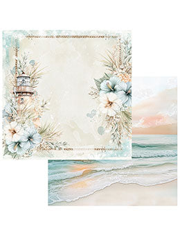 A collage of two decorative beach-themed art prints: one with a lighthouse, floral border, and cream background; the other showing a soft pastel beach scene with ocean waves and a sunset sky.