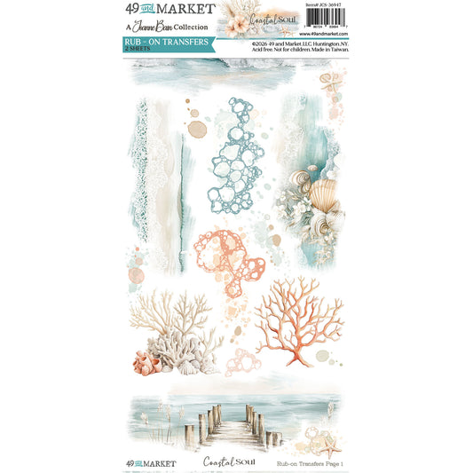 A sheet of craft sublimation transfers from 49 Island Market's Jane Doe Collection, featuring watercolor designs of coral, seashells, bubbles, and a pier over water.