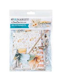 Coastal Soul 49 and Market die cut Elements of beach-themed scrapbooking papers with seashells, starfish, and tropical flowers in a clear plastic bag.