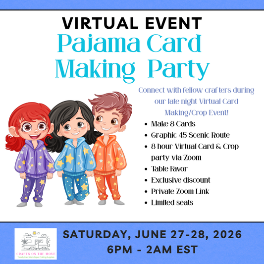 Advertisement for a virtual pajama card making party with cartoon children and event details.