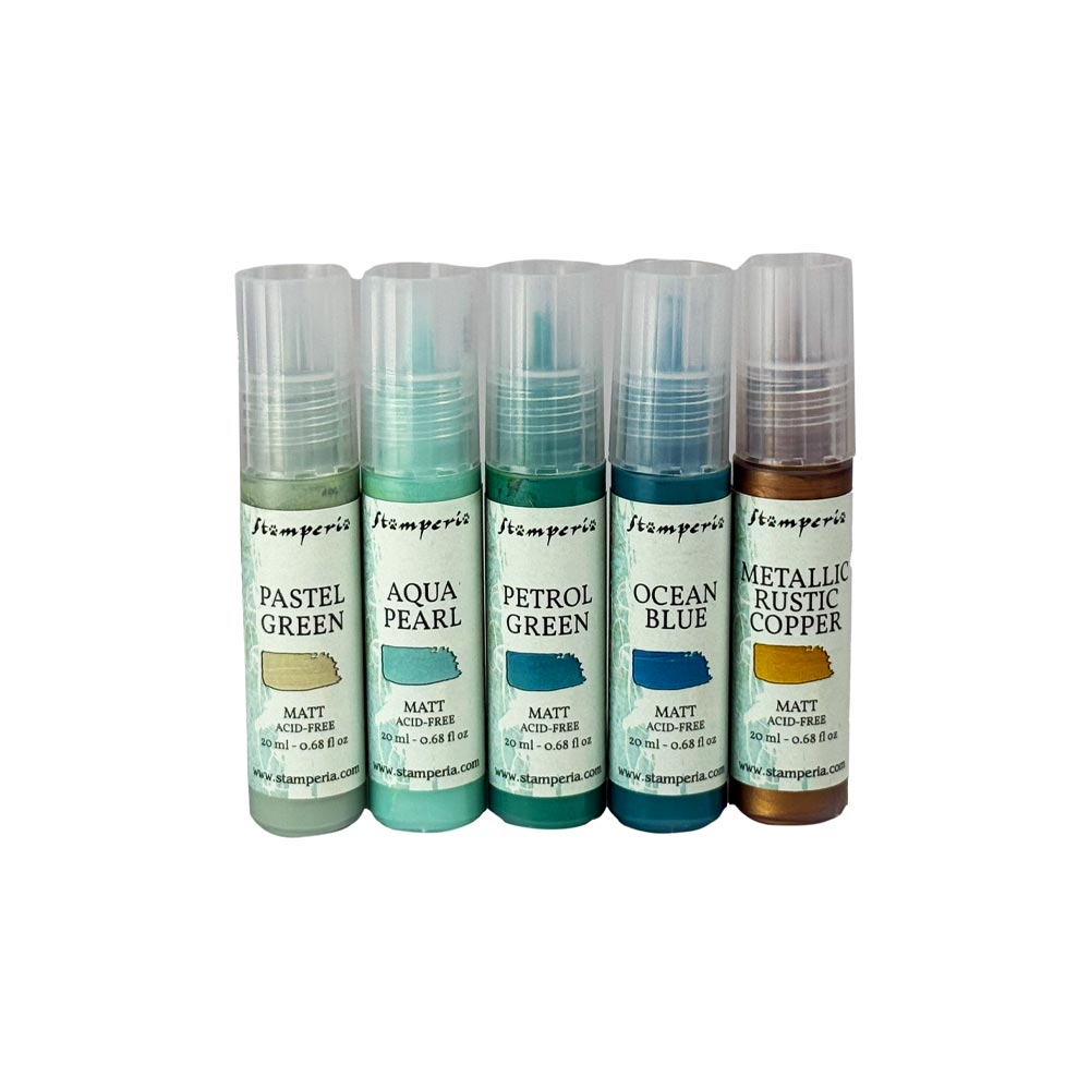 5 assorted colors of Stamperia paint and metallic rusty copper, pastel green aqua pearl, petrol green, and ocean blue on white background