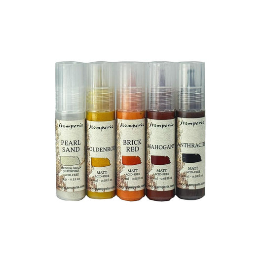 4 bottles of rust colored paint and 1 bottle of pearl sand on a white background