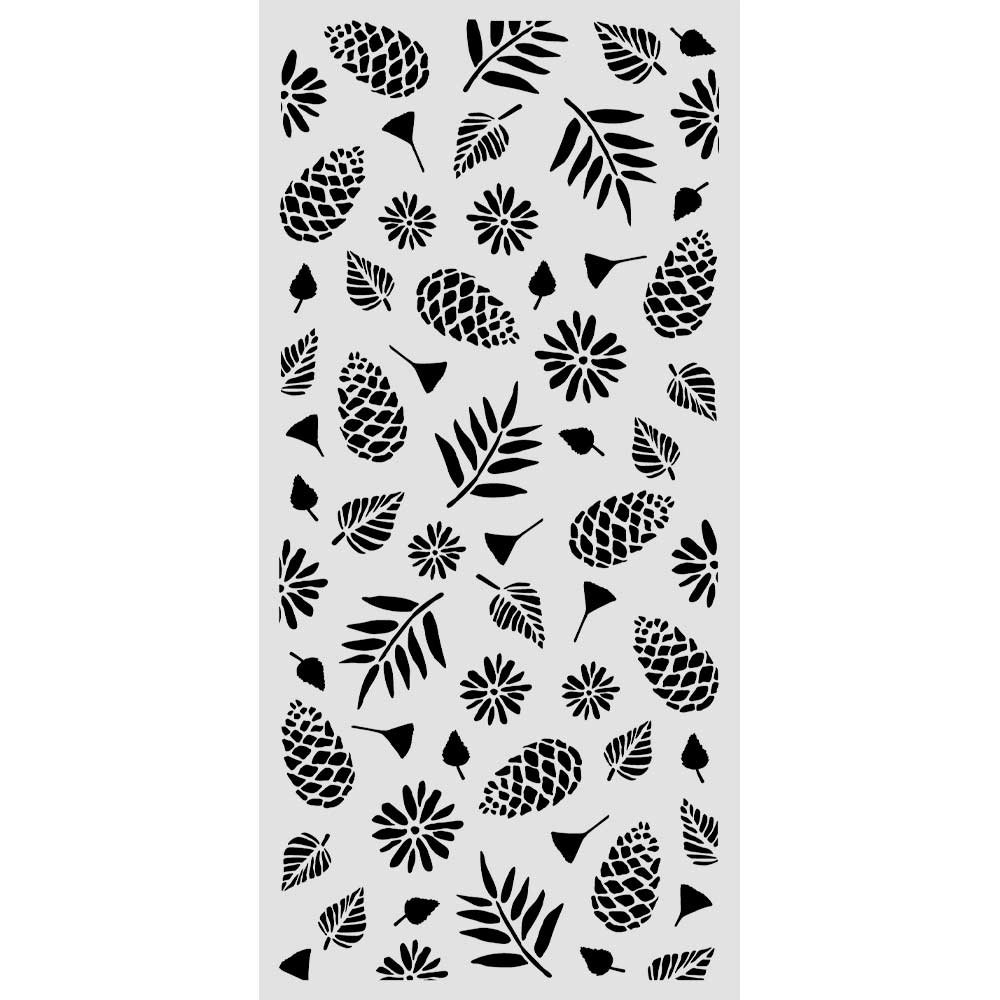 Stencil with black leaf and pine cone patterns on a white background