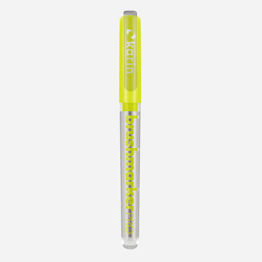 Marker shown with cap on, Karin Brushmarker PRO in sulphur yellow