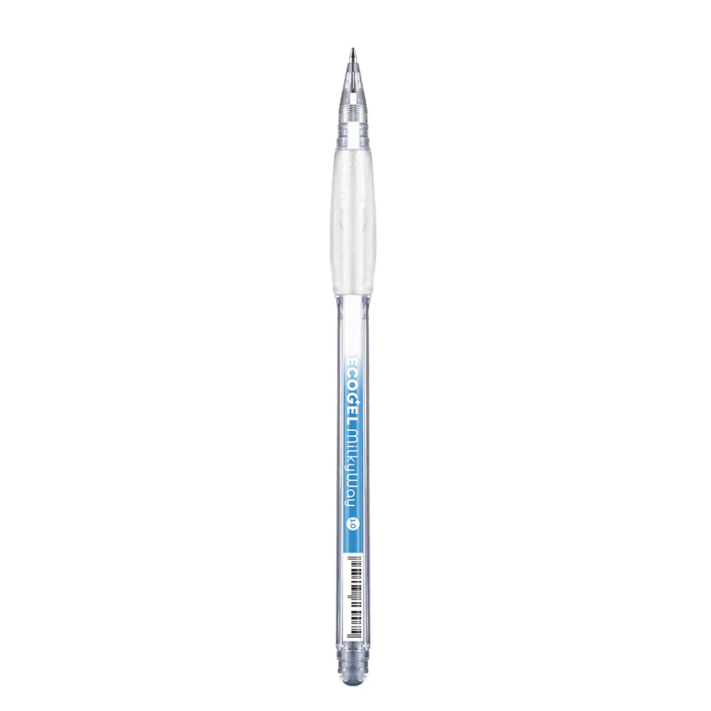 milky way gel pen with a white body and blue accents on a white background