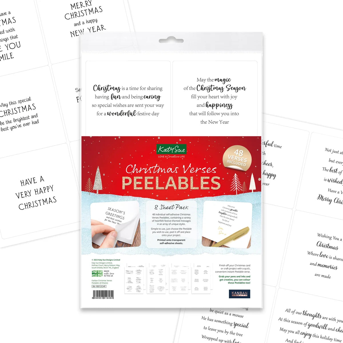 Katy Sue Christmas Verses Peelables sentiment stickers packaging with text and images on a white background