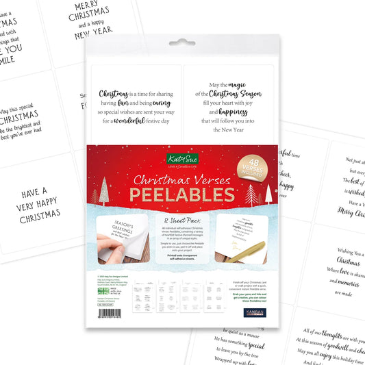 Katy Sue Christmas Verses Peelables sentiment stickers packaging with text and images on a white background