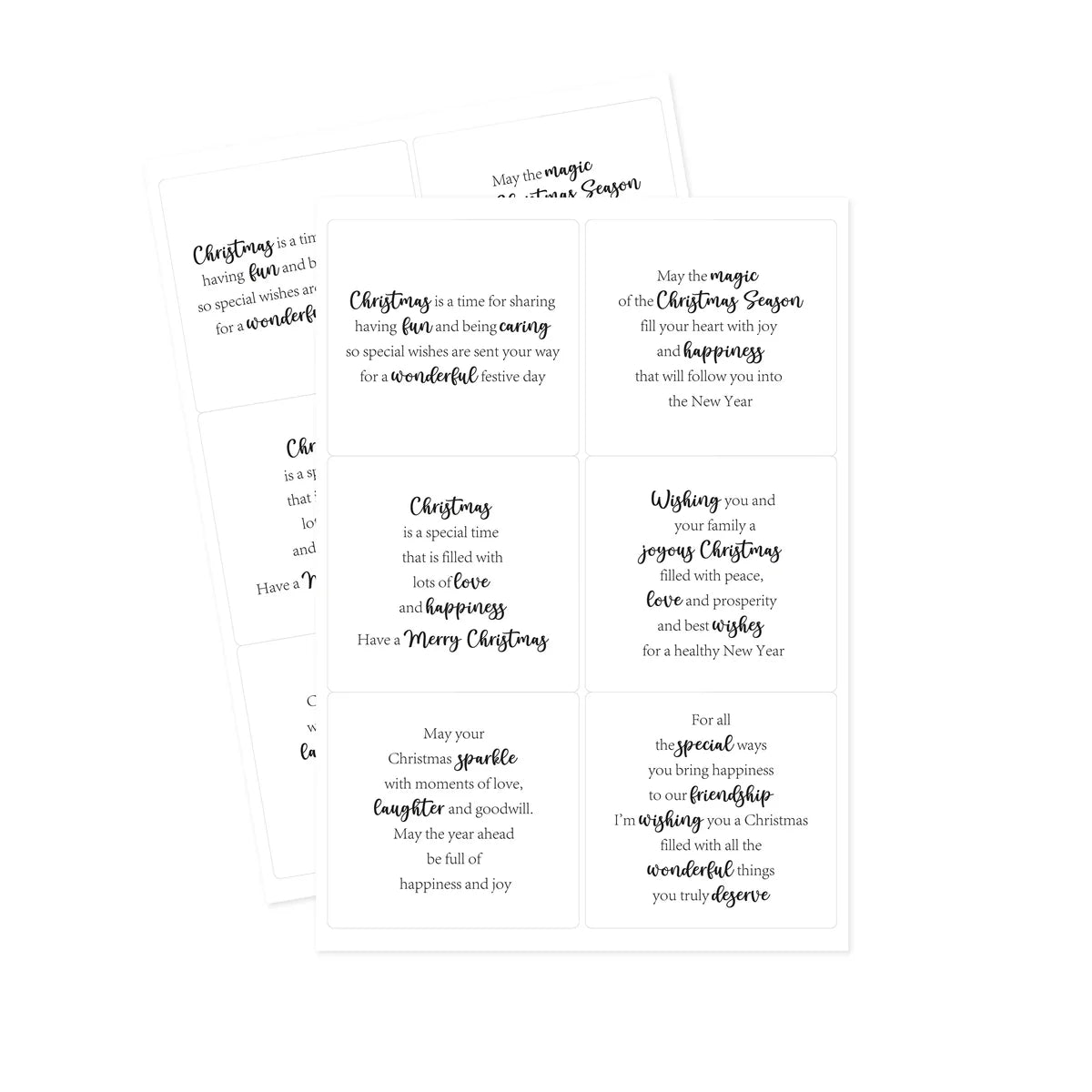 Two overlapping clear sentiment stickers with Christmas-themed text and phrases, shown on a plain white background.