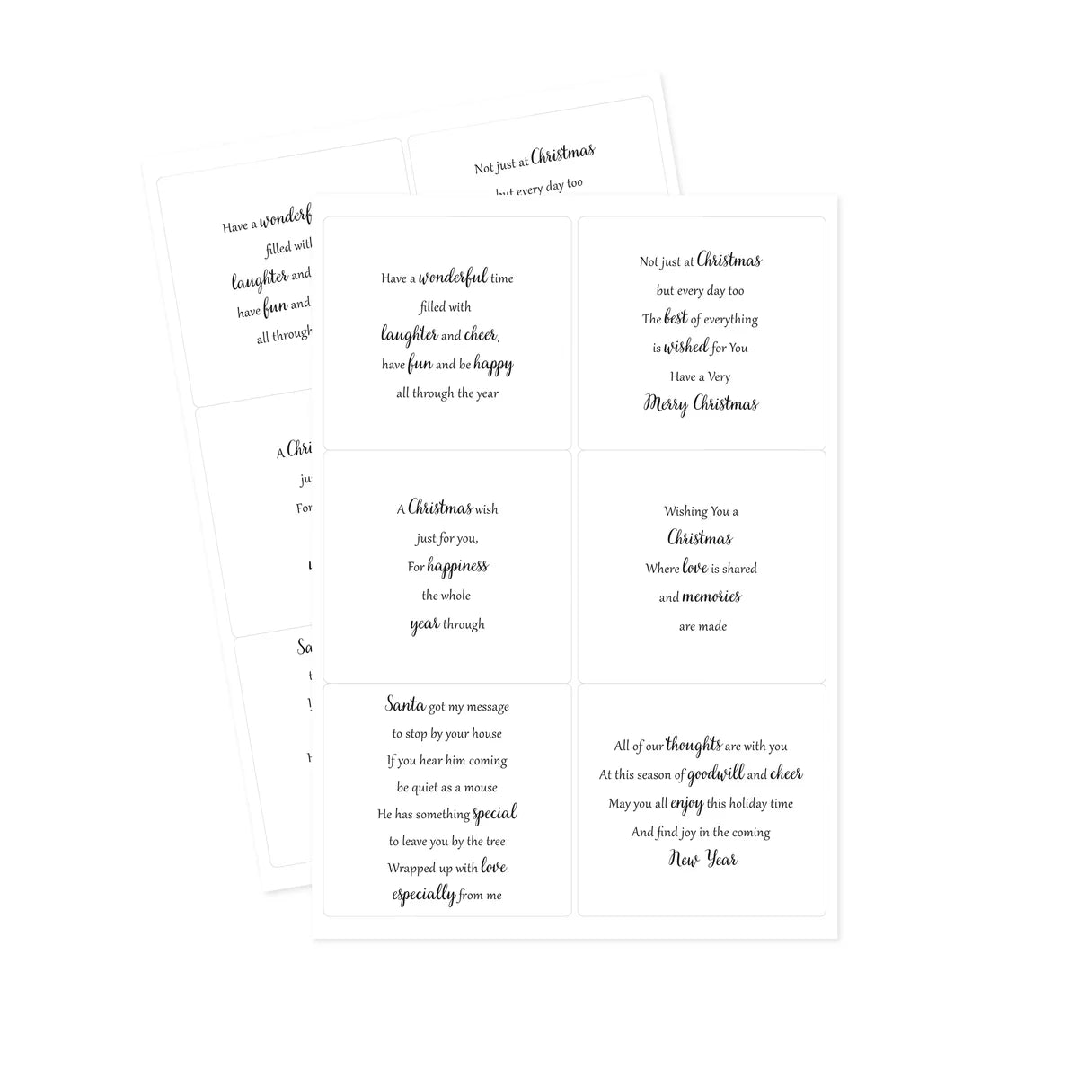 Collection of Christmas-themed clear sticker sentiments and messages on a white background