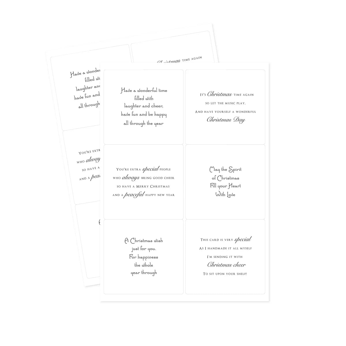 Two sheets of white Christmas sentiment stickers with pre-cut panels and printed holiday quotes in dark gray script, shown on a clean white background.