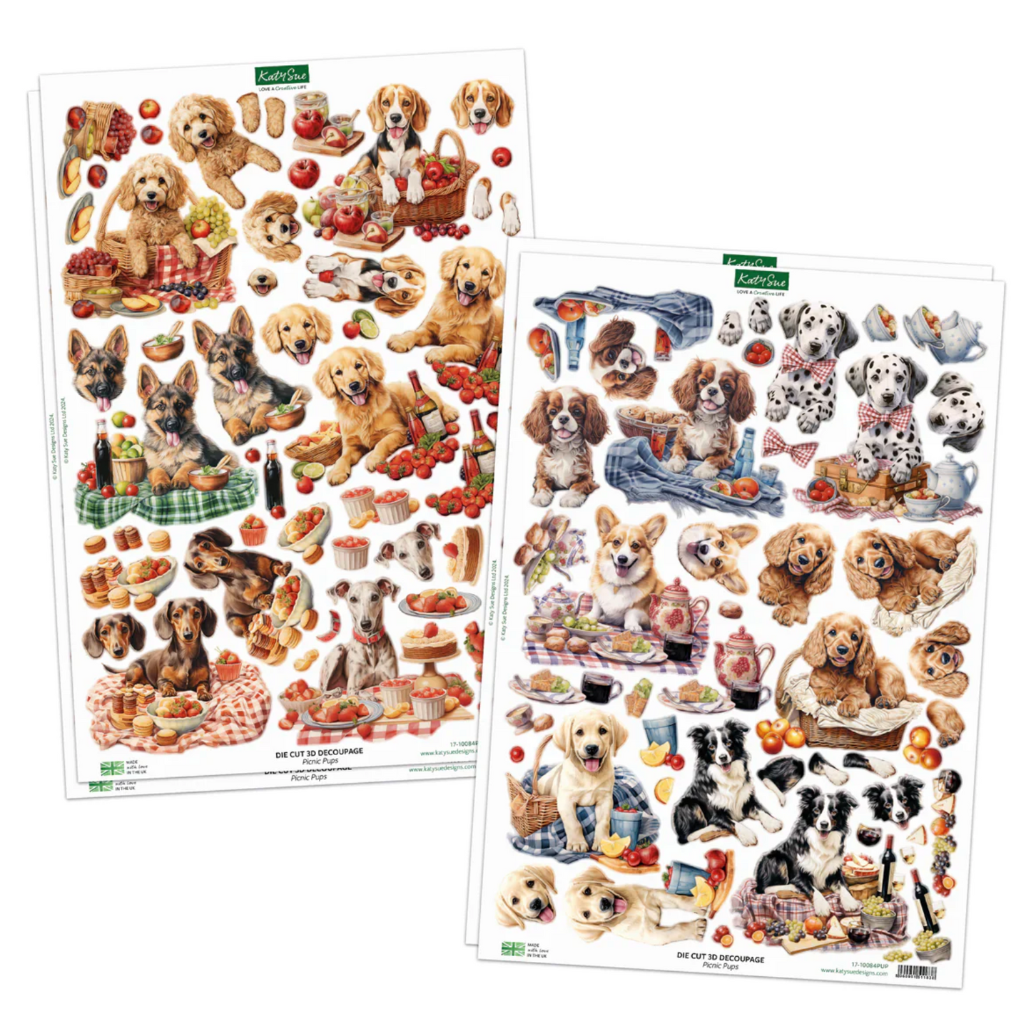 Two sheets of decorative stickers featuring various dogs and related items on a white background.