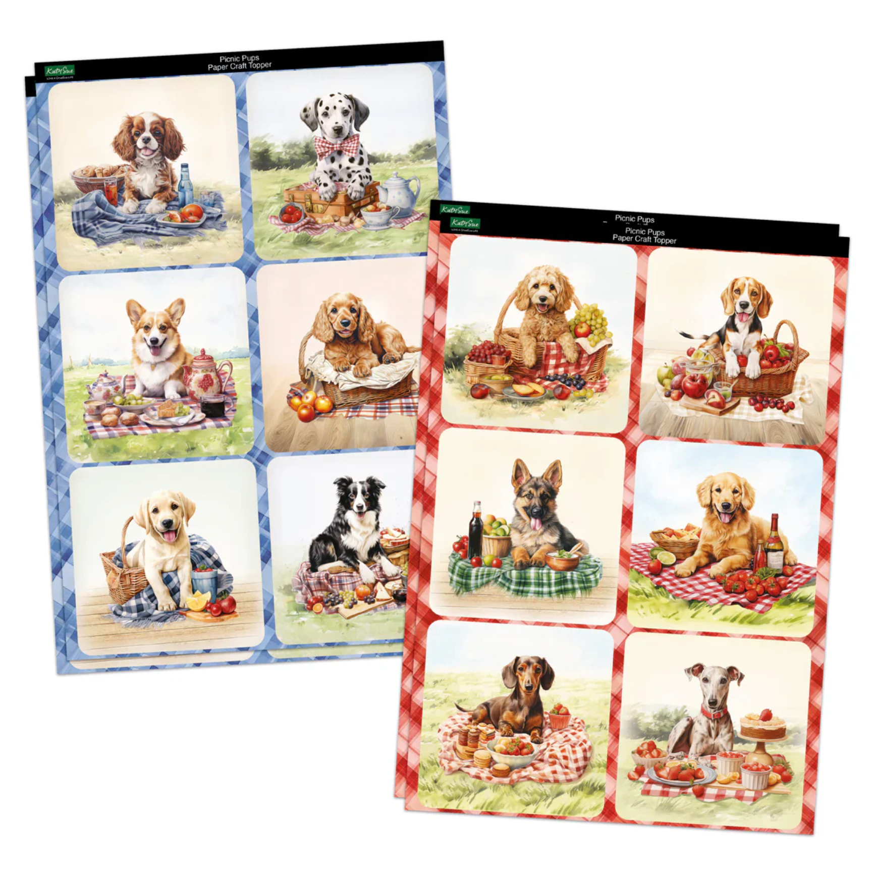 Set of greeting cards with illustrations of dogs at a picnic on checkered backgrounds.