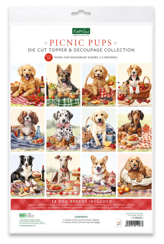 Katers' Cat Picnic Pups die cut topper and decoupage collection packaging with images of dogs at a picnic.