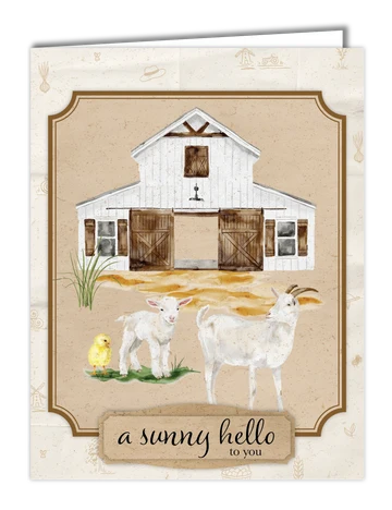 A square greeting card featuring a watercolor-style illustration of a white barn, a white goat, a lamb, and a small yellow chick on a beige background with the text 'a sunny hello to you'.