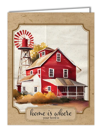 A greeting card featuring a watercolor-style illustration of a red farmhouse and windmill on a beige textured background, with the phrase 'home is where your herd is' printed at the bottom.