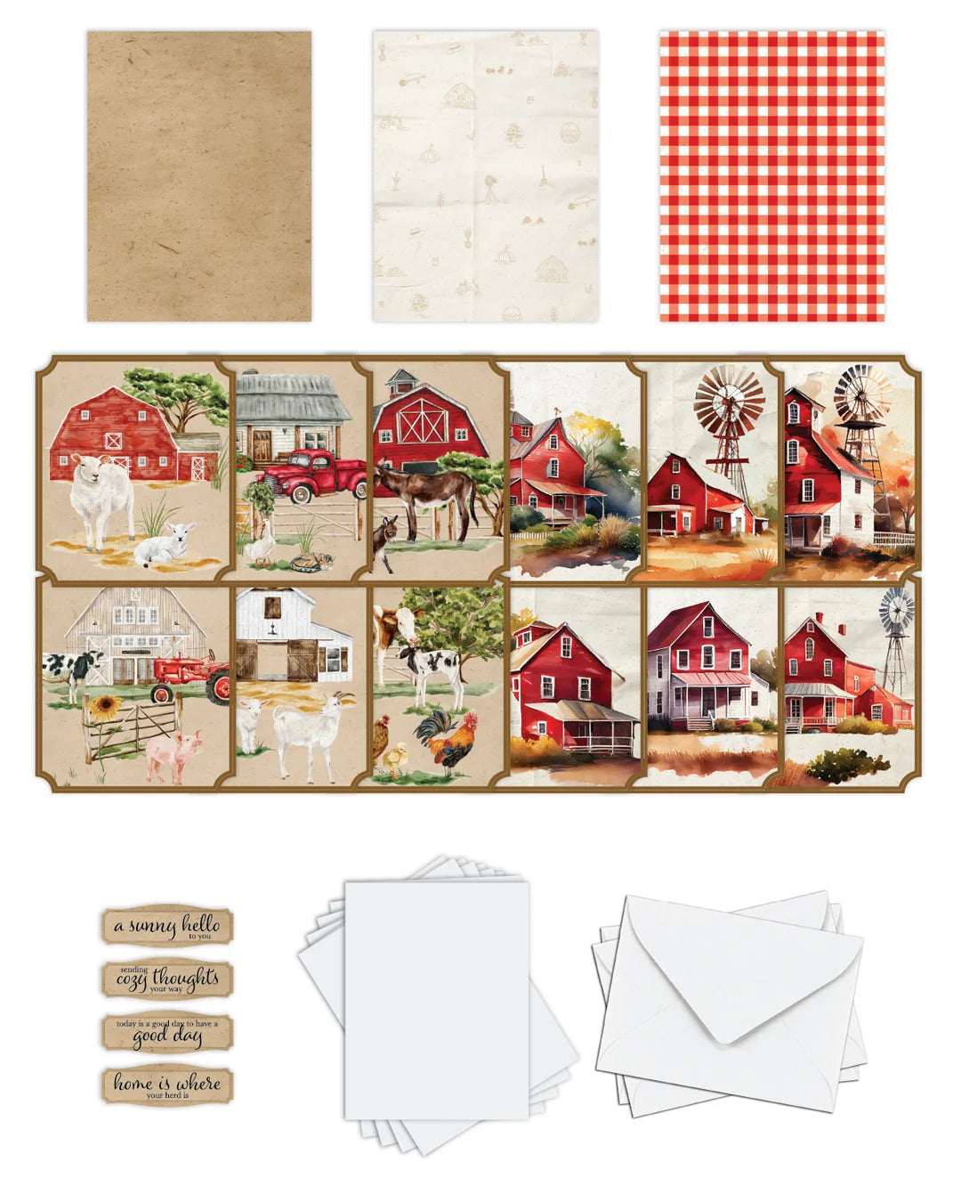 A farm-themed stationery kit featuring red and white gingham paper, kraft paper, patterned paper, a 12-panel barn illustration sheet, matching kraft labels, white cardstock, and white envelopes on a plain white background.
