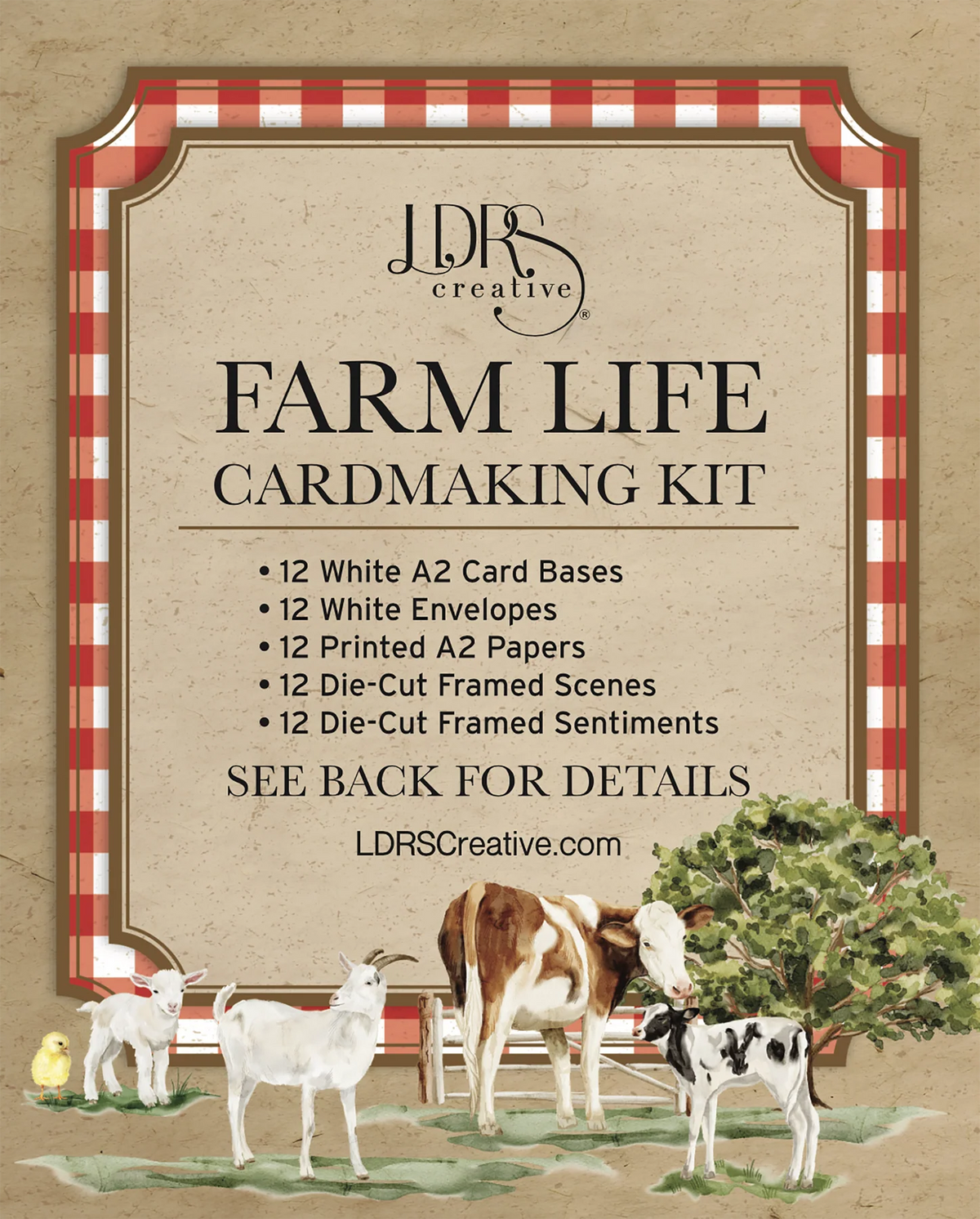 Promotional graphic for the LDRS Creative Farm Life Cardmaking Kit, featuring a rustic beige background with a red-and-white gingham border, product title text, a list of included items, and farm-themed illustrations of cows, goats, a tree, and a duck.