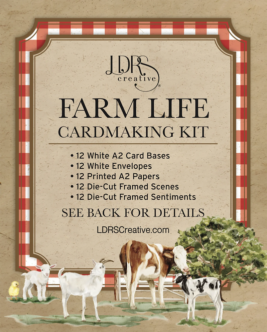 Promotional graphic for the LDRS Creative Farm Life Cardmaking Kit, featuring a rustic beige background with a red-and-white gingham border, product title text, a list of included items, and farm-themed illustrations of cows, goats, a tree, and a duck.